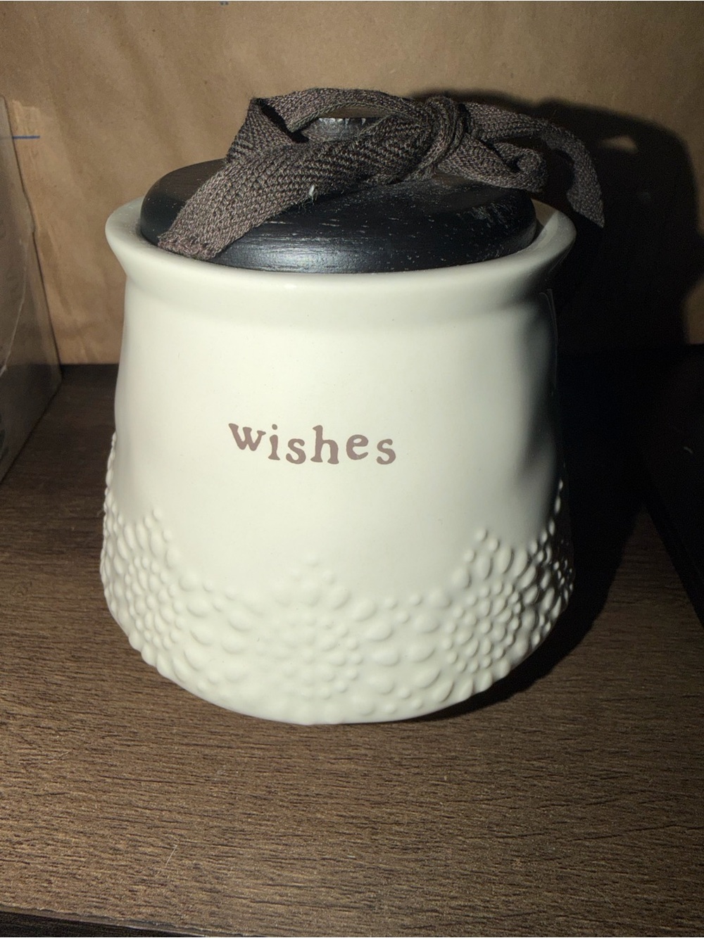 DEMDACO Wishes Ceramic Jar Black Wood Lid Bow Farmhouse Decor